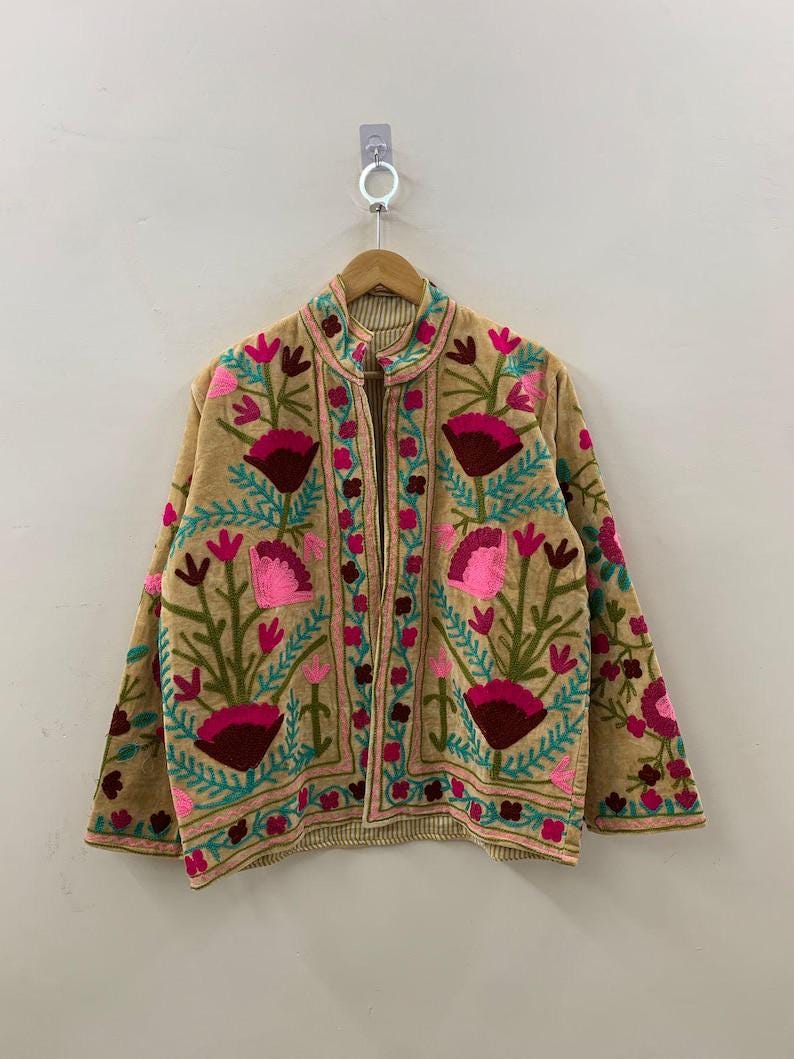 Bohemian Velvet Suzani Floral Embroidered Cropped Jacket, Uzbek Boho Outerwear Bohozani