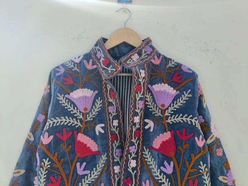 Floral Suzani Velvet Jacket, Hand-Embroidered Boho Ethnic Chic Outerwear Bohozani