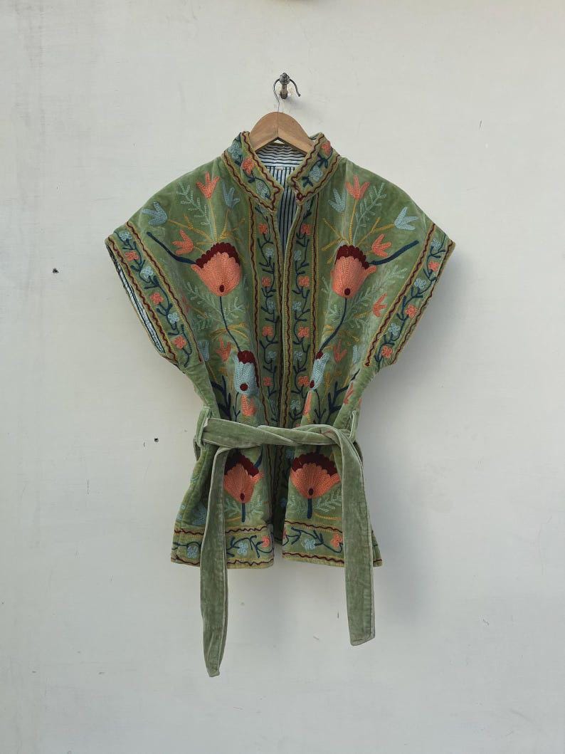 Green Velvet Suzani Embroidered Vest with Belt | Boho Festival Waistcoat Jacket Bohozani