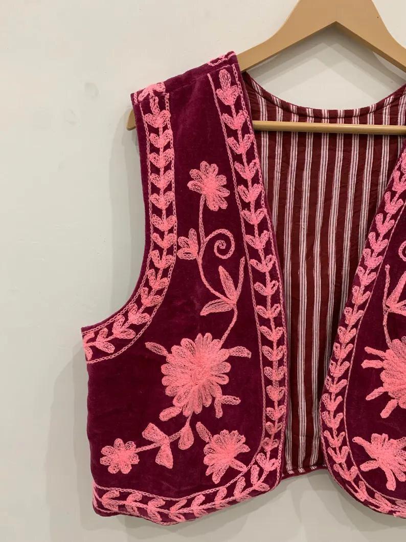 Handmade Suzani Velvet Vest | Floral Embroidered Boho Ethnic Jacket Bohozani