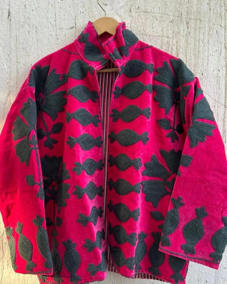 Pink Velvet Suzani Duster Jacket | Embroidered Uzbek Coat Bohozani