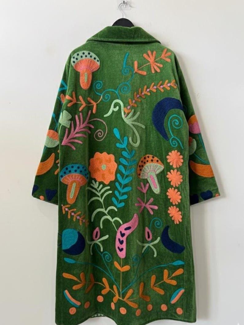 Hand-Embroidered Velvet Suzani Kimono Robe | Purple Floral Boho Duster Jacket Bohozani