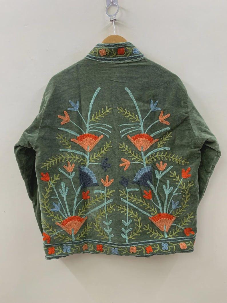 NEW COLLECTION Green Hand-Embroidered Velvet Suzani Jacket – Boho Ethnic Kimono Outerwear Gifr For Mom Bohozani