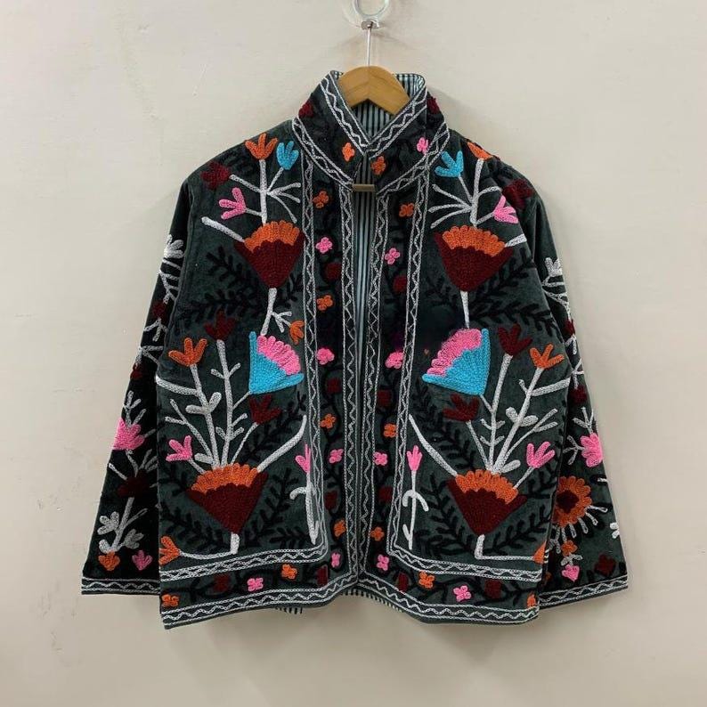 Embroidered Velvet Kimono Jacket | Suzani Floral Boho Outerwear Bohozani