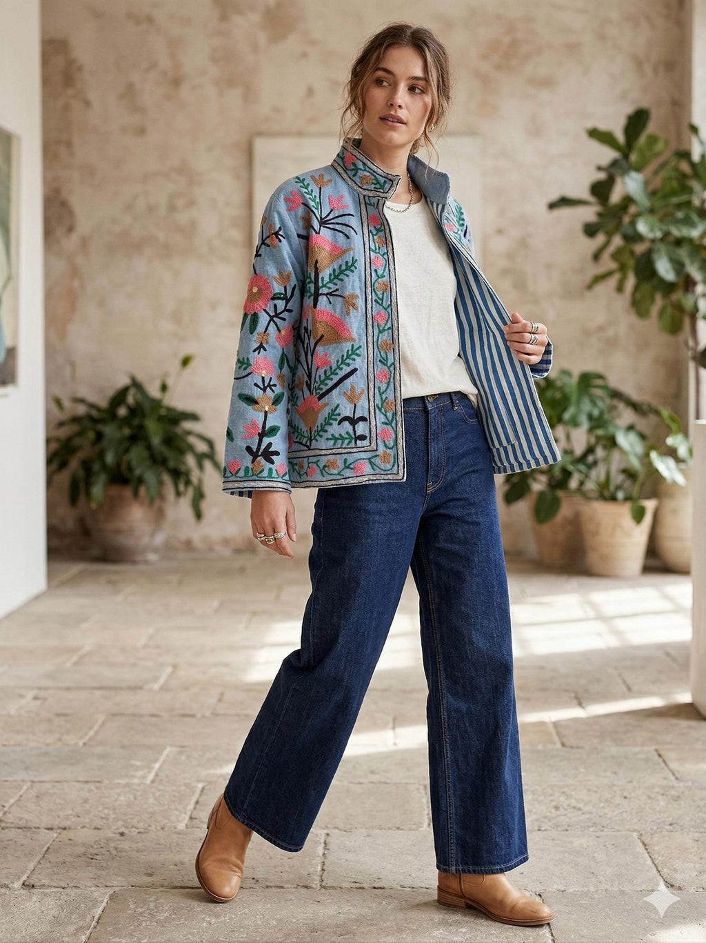 Blue Color Velvet Suzani Jacket – Hand-Embroidered Boho Ethnic Kimono Outerwear Bohozani