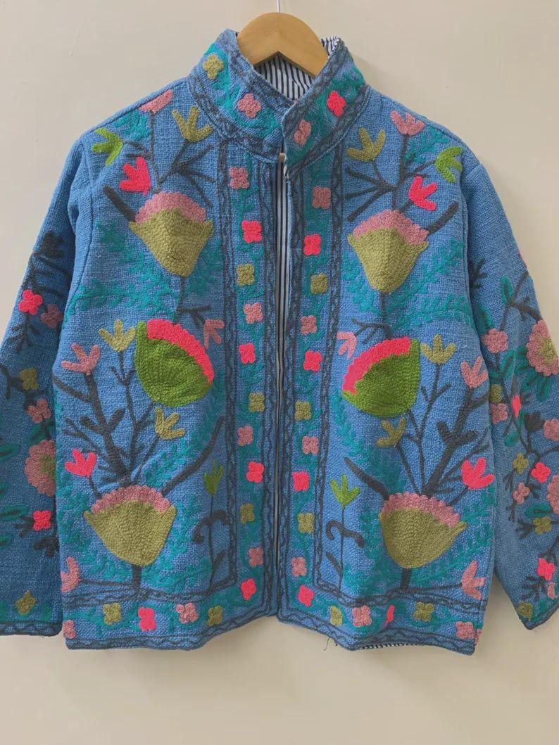 Embroidered Cotton Velvet Suzani Jacket, Bohemian Floral Folk Art Coat Bohozani