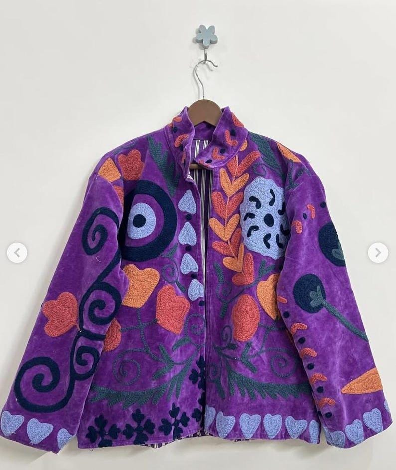 Hand-Embroidered Suzani Velvet Jacket | Boho Floral Duster Bohozani