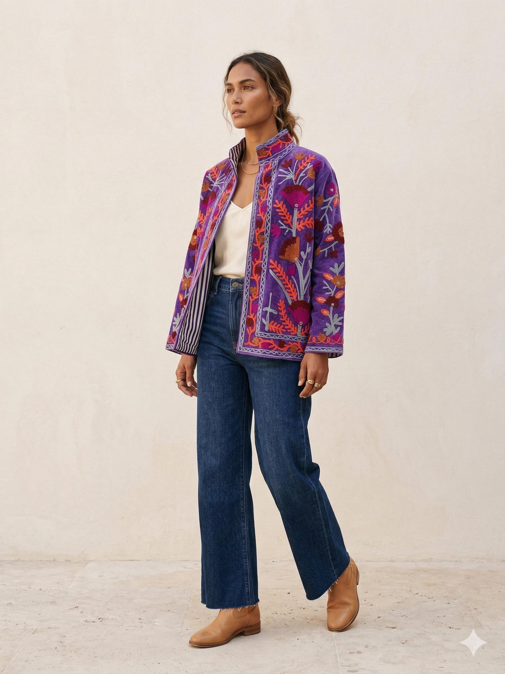 Unique Purple Color Velvet Suzani Jacket – Hand-Embroidered Boho Ethnic Kimono Outerwear Bohozani