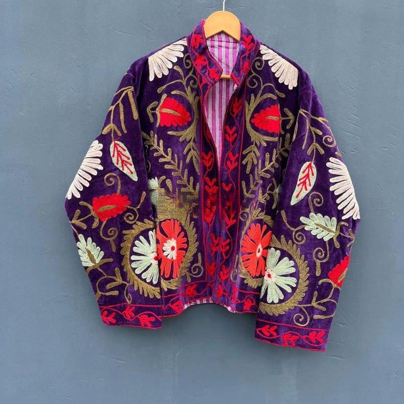 Handmade Velvet Suzani Embroidered Jacket Gift For MOM Bohozani