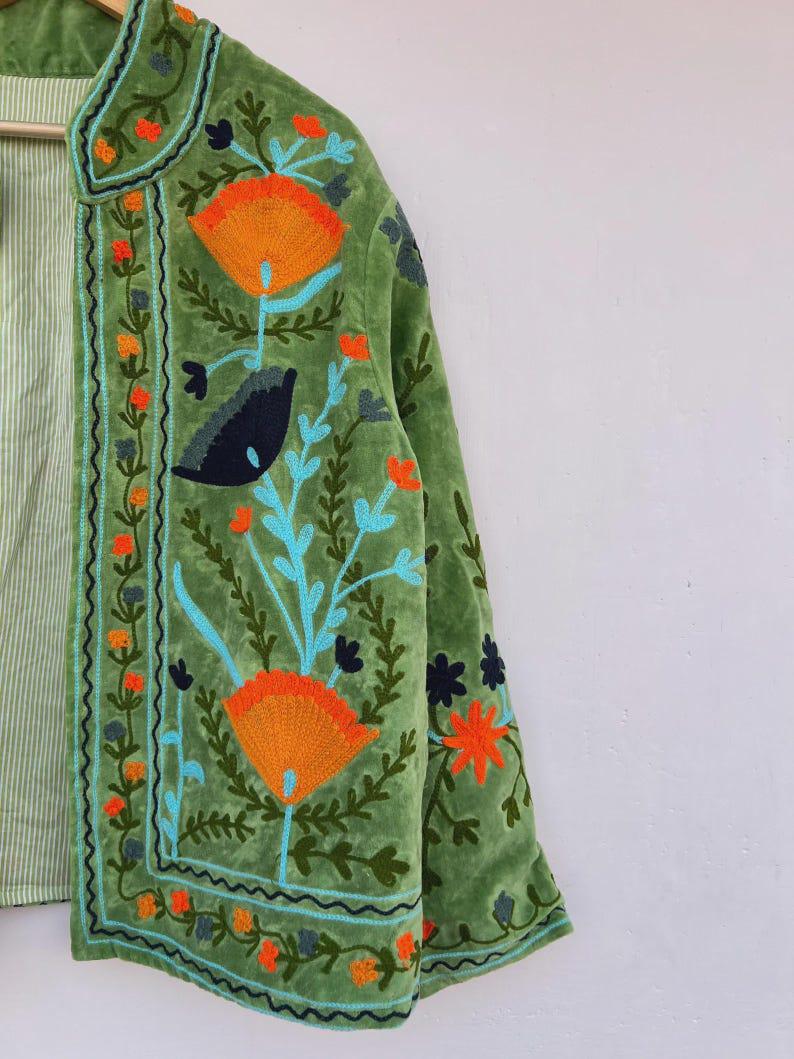 Green Handmade Velvet Suzani Kimono Jacket | Embroidered Uzbek Coat | Gift For Her Bohozani