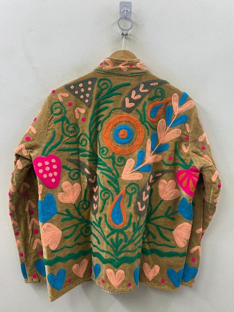 Embroidered Velvet Cropped Jacket | Colorful Suzani Floral Outerwear Bohozani