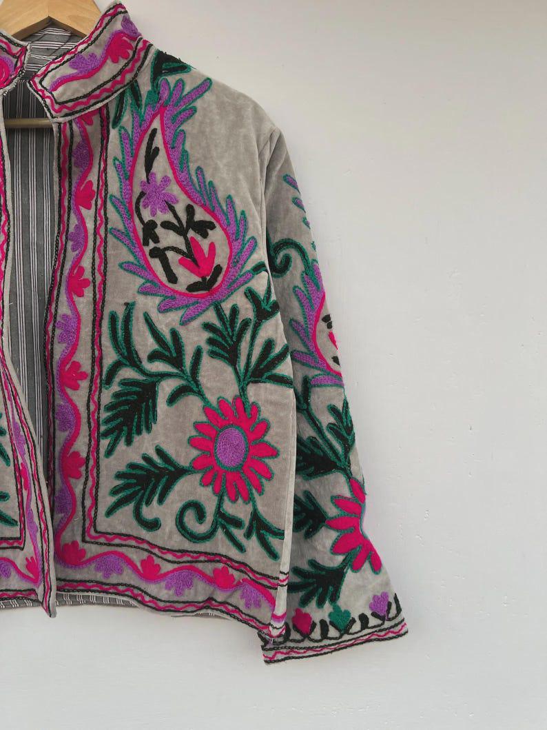 Handmade Suzani Velvet Cropped Jacket | Embroidered Floral Bohemian Coat |Gift For Her Bohozani