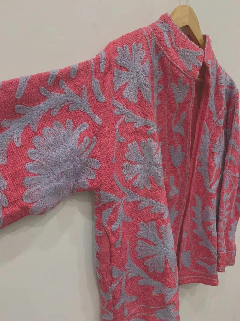 Embroidered Cotton Velvet Suzani Jacket | Boho Floral Ethnic Coat Bohozani