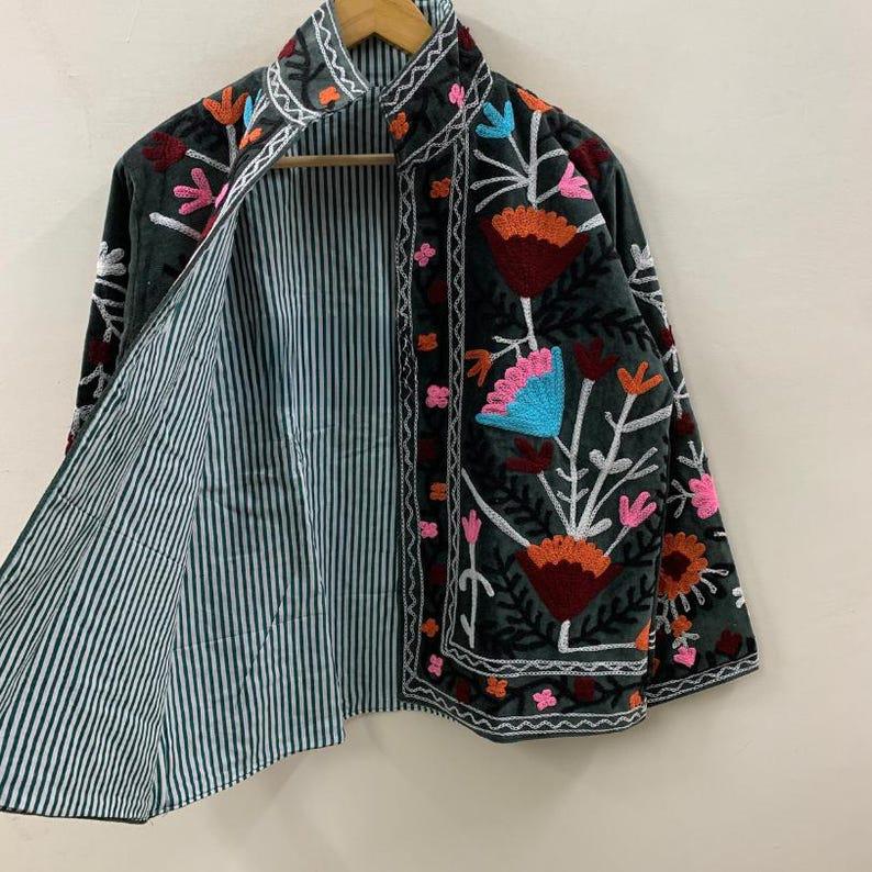 Suzani Embroidered Velvet Cropped Jacket | Bohemian Festival Coat Bohozani