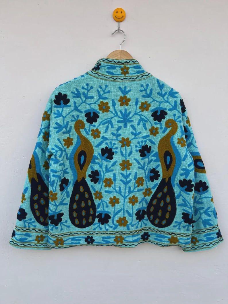 Peacock Embroidered Suzani Jacket | Vibrant Boho Duster | Gift For Her Bohozani