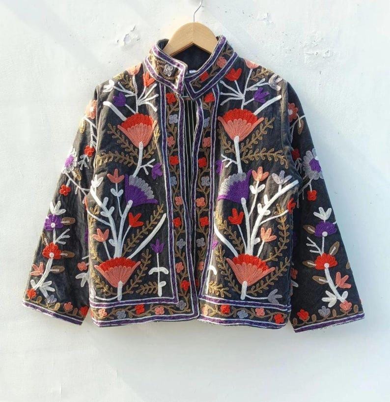 Floral Suzani Velvet Jacket, Vintage Embroidered Ethnic Chic Outerwear Bohozani