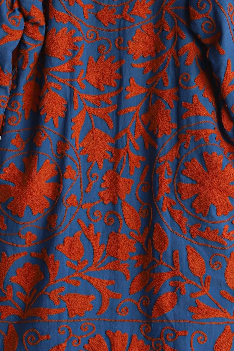 Blue Hand Embroidered Suzani Kaftan – Organic Cotton Boho Kimono Coat Bohozani