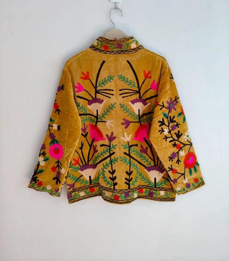 Yellow Velvet Suzani Embroidered Jacket, Boho Floral Ethnic Outerwear Bohozani