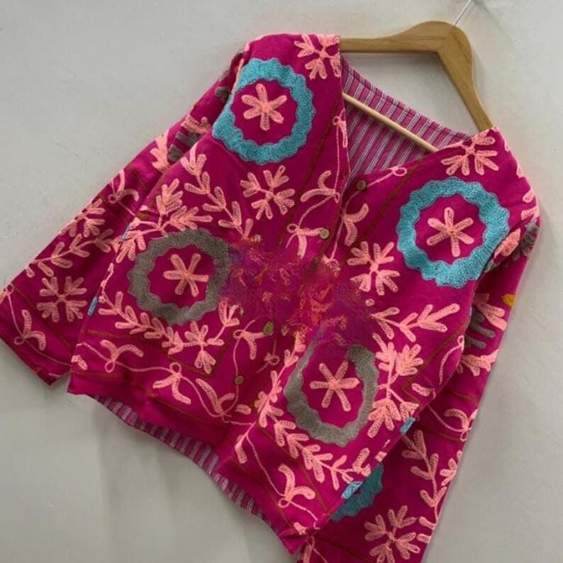 Pink Handmade Floral Red Velvet Suzani Embroidered Jacket Bohozani