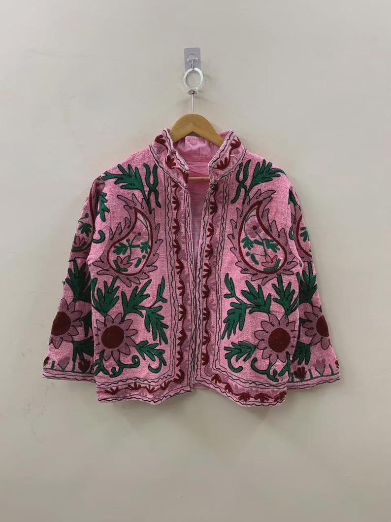 Embroidered Cotton Velvet Suzani Jacket, Bohemian Floral Folk Art Coat Bohozani