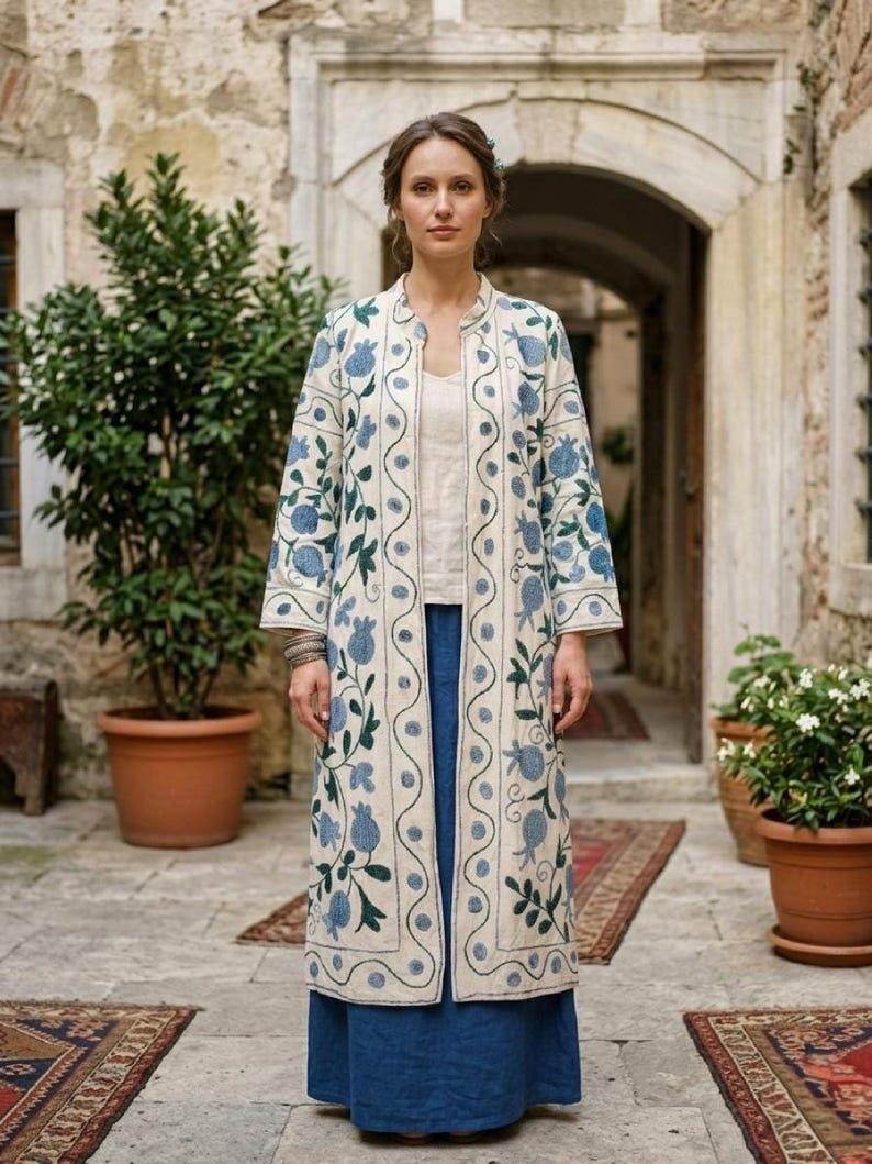 Hand Embroidered Suzani Kaftan – Organic Cotton Boho Kimono Coat Bohozani