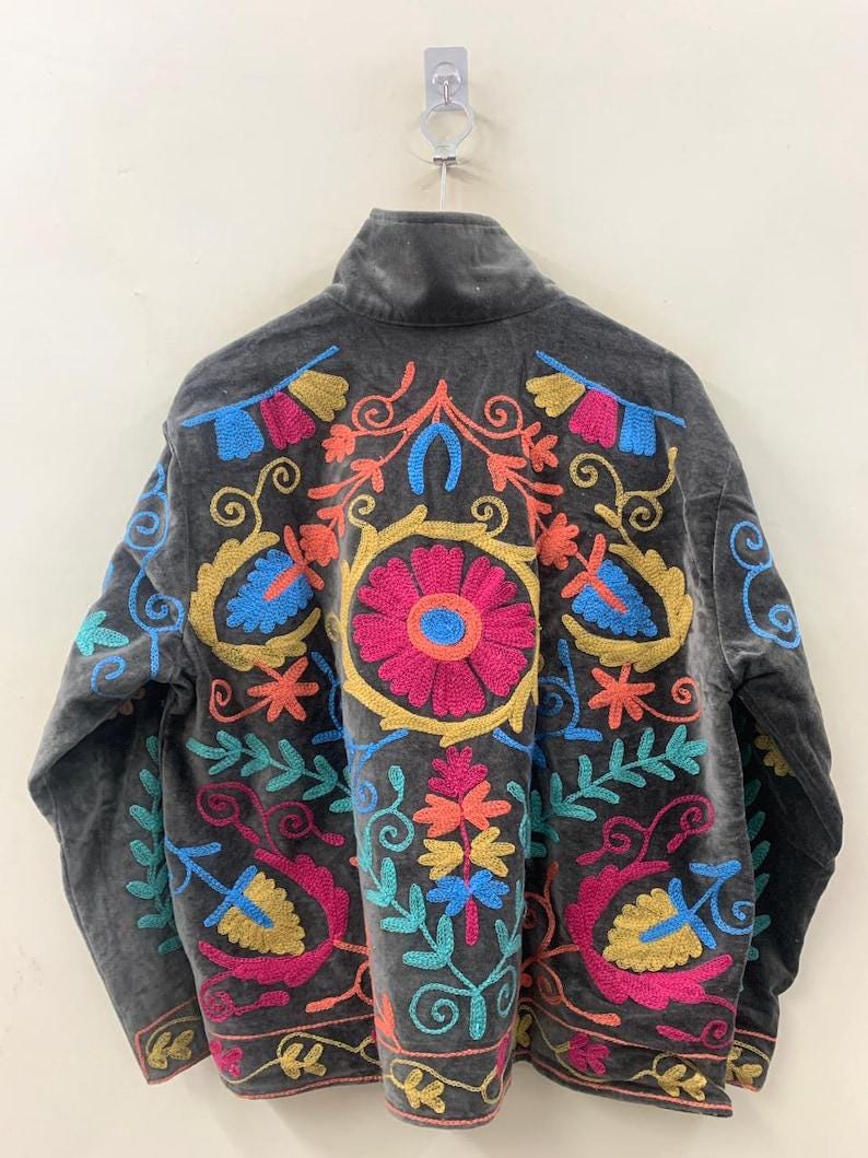 Hand-Embroidered Suzani Velvet Jacket | Bohemian Festival Coat Bohozani