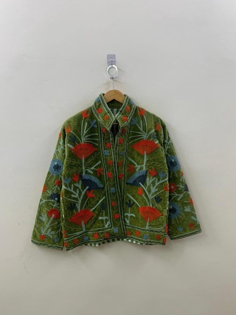 NEW COLLECTION Green Hand-Embroidered Velvet Suzani Jacket – Boho Ethnic Kimono Outerwear Mother's Day Gift Bohozani