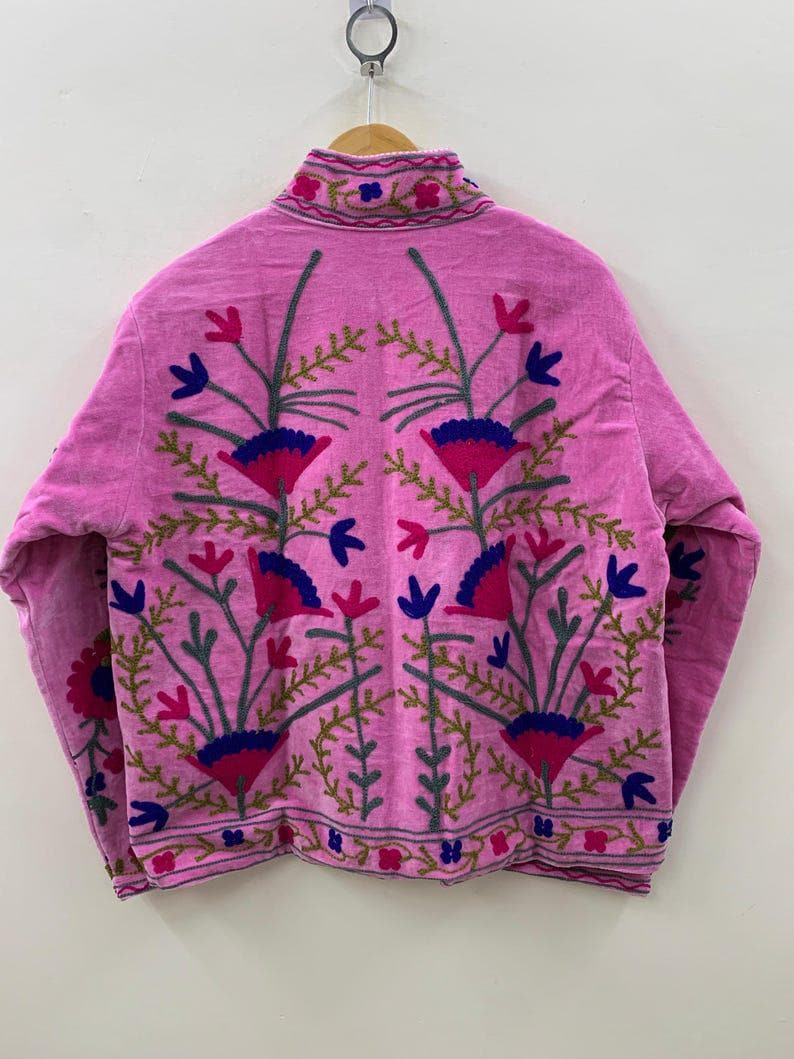 Unique Handmade Floral Pink Velvet Suzani Embroidered Jacket Bohozani