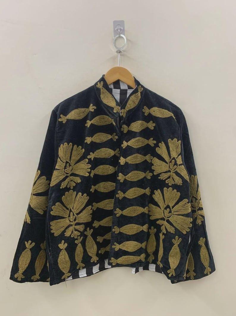 Handmade Velvet Suzani Embroidered Jacket | Boho Ethnic Coat Bohozani