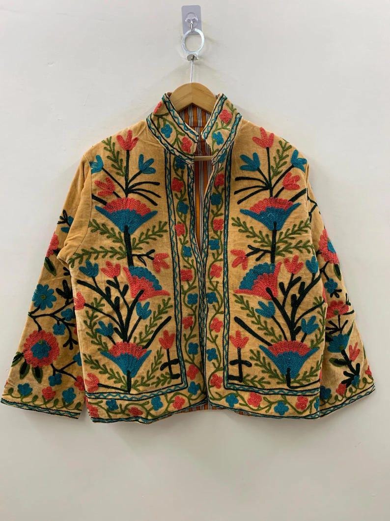 Purple Multi coloured Velvet Suzani Embroidered Kimono Jacket | Boho Outerwear Dresses For Women Bohozani