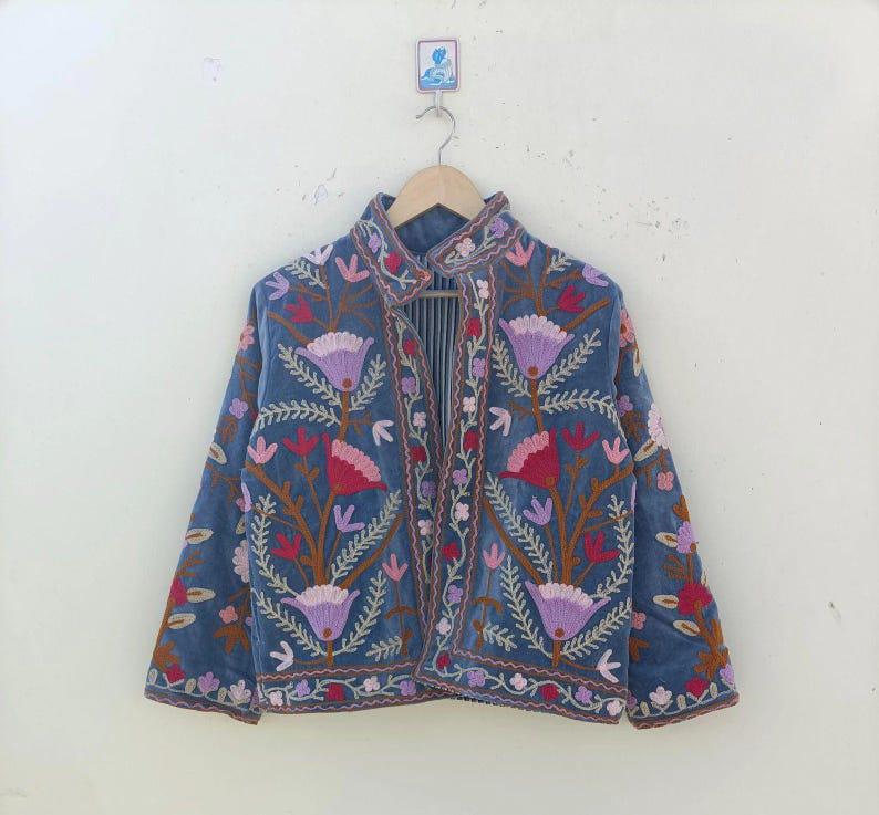 Floral Suzani Velvet Jacket, Hand-Embroidered Boho Ethnic Chic Outerwear Bohozani