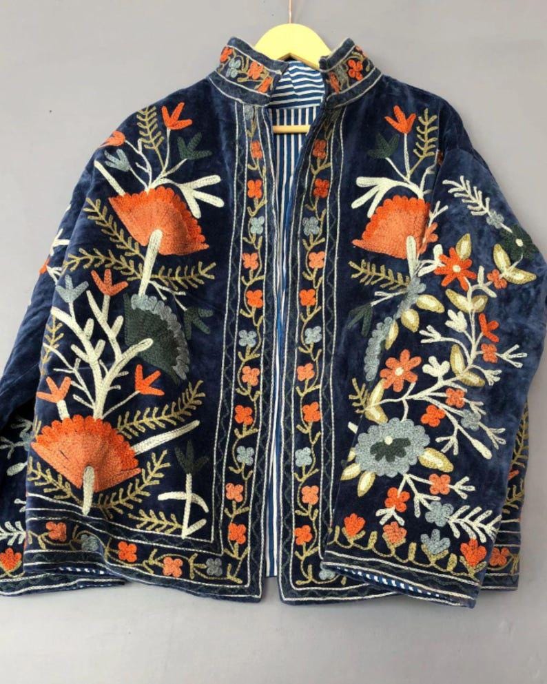 Blue Velvet Suzani Embroidered Jacket | Boho Floral Coat Bohozani