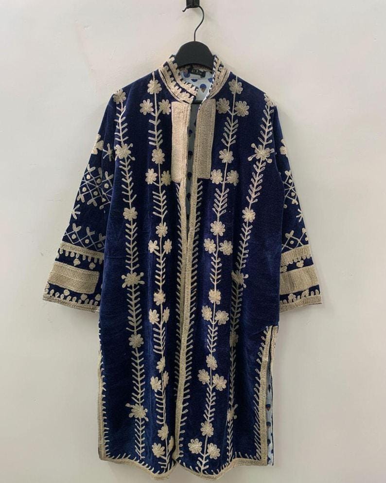 Blue Velvet Suzani Kimono Jacket | Hand-Embroidered Boho Coat, Uzbek Duster, Belted Kaftan Robe Bohozani