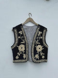 Black Velvet Suzani Vest | Embroidered Floral Boho Waistcoat, Cotton Lined Jacket Bohozani