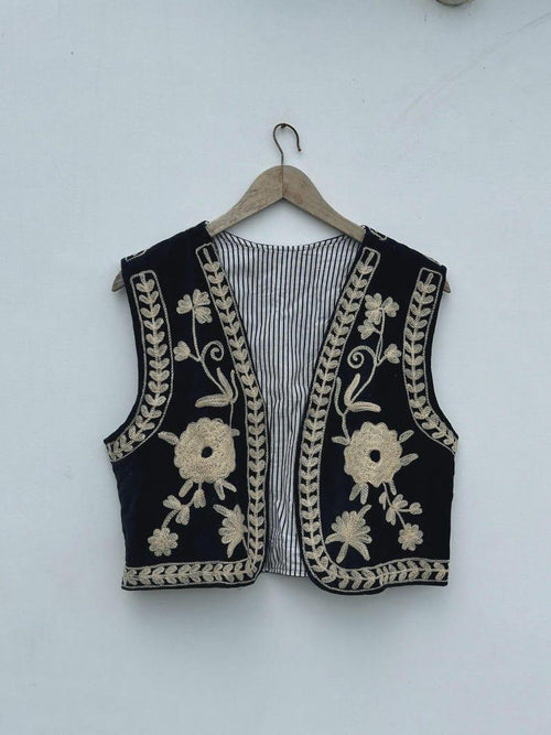 Black Velvet Suzani Vest | Embroidered Floral Boho Waistcoat, Cotton Lined Jacket Bohozani