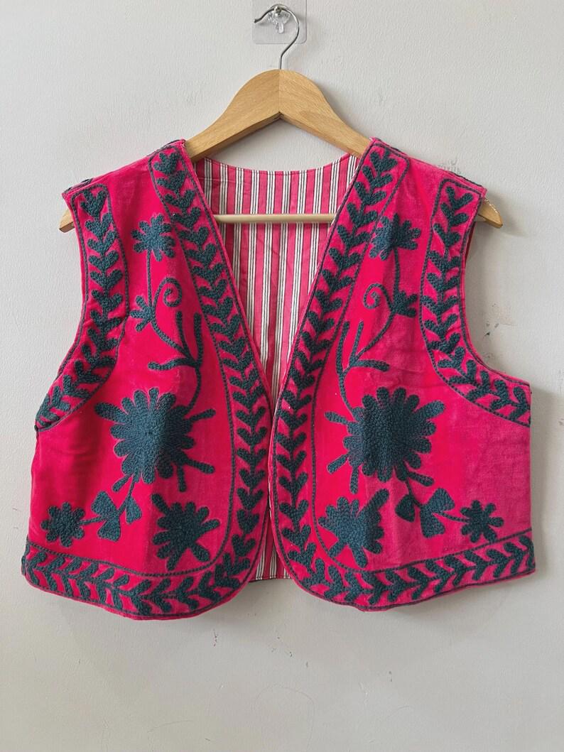 Pink Velvet Suzani Embroidered Vest with Belt | Boho Festival Waistcoat Jacket Bohozani