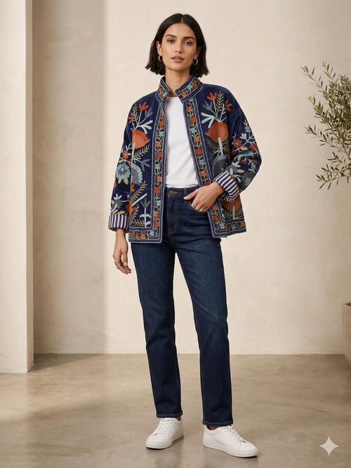 Antique Blue Color Velvet Suzani Jacket – Hand-Embroidered Boho Ethnic Kimono Outerwear Bohozani