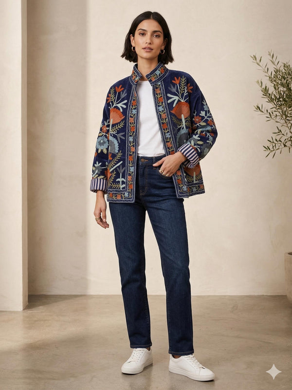 Antique Blue Color Velvet Suzani Jacket – Hand-Embroidered Boho Ethnic Kimono Outerwear Bohozani