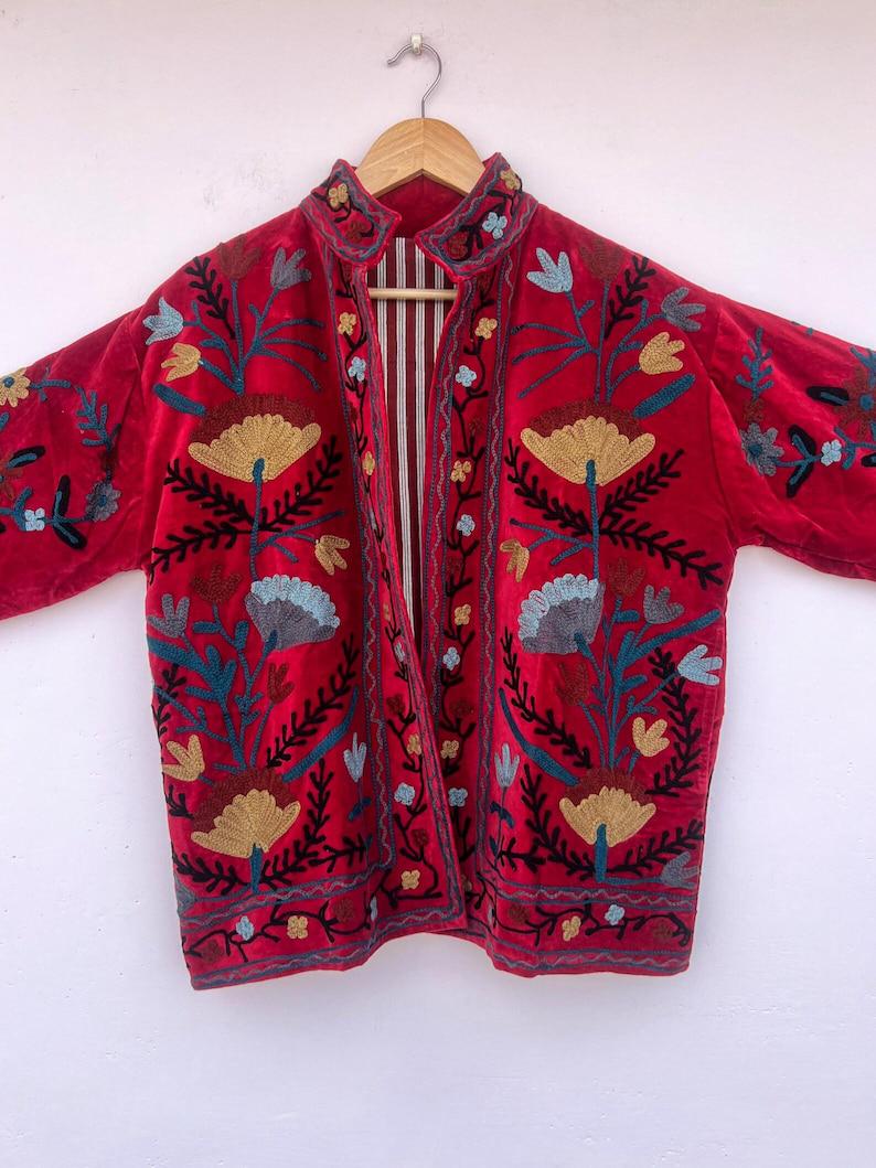Floral Hand Embroidered Velvet Suzani Coat | Duster Boho Jacket | Gift For Her Bohozani