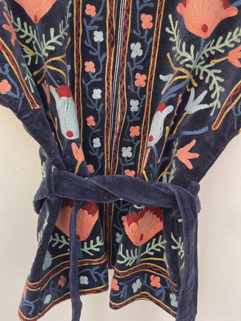 Black Velvet Suzani Embroidered Vest with Belt | Boho Festival Waistcoat Jacket Bohozani