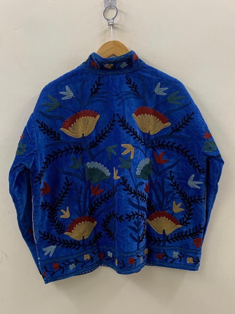 Blue Velvet Suzani Jacket – Hand-Embroidered Boho Ethnic Kimono Outerwear Bohozani