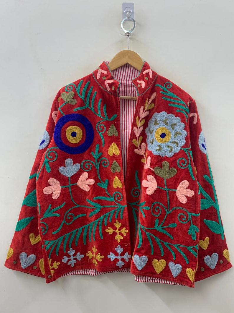 Floral Embroidered Velvet Suzani Jacket – Vintage-Inspired Artisan Coat-Gift For Her Bohozani