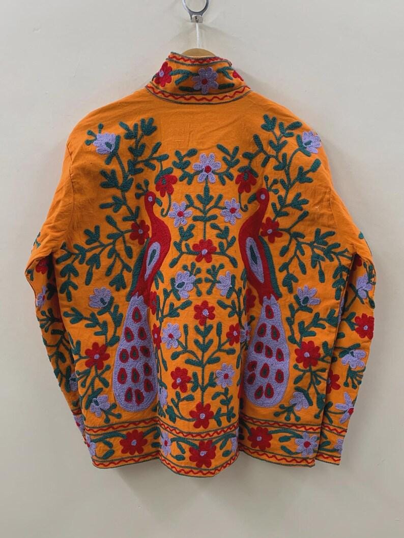 Orange Velvet Suzani Jacket | Hand-Embroidered Peacock Floral, Vintage Uzbek Style Bohozani