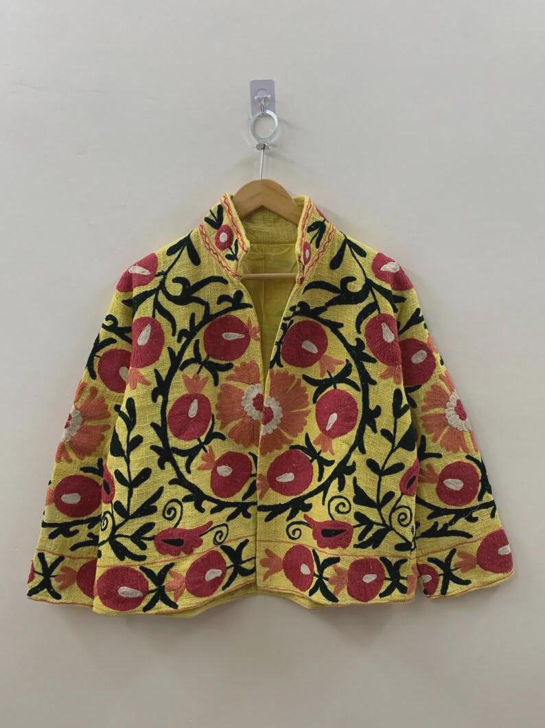 Embroidered Cotton Velvet Jacket | Floral Folk Art Suzani Duster, Bohemian Style Bohozani