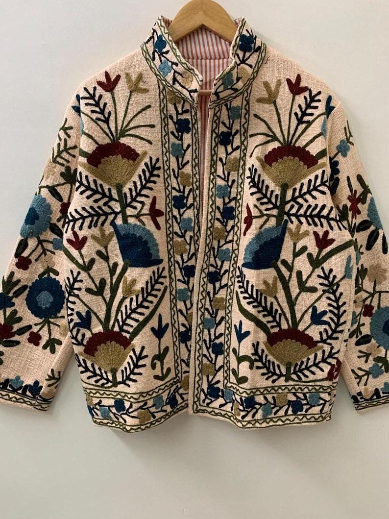 Embroidered Cotton Velvet Suzani Jacket | Boho Floral Ethnic Coat Bohozani