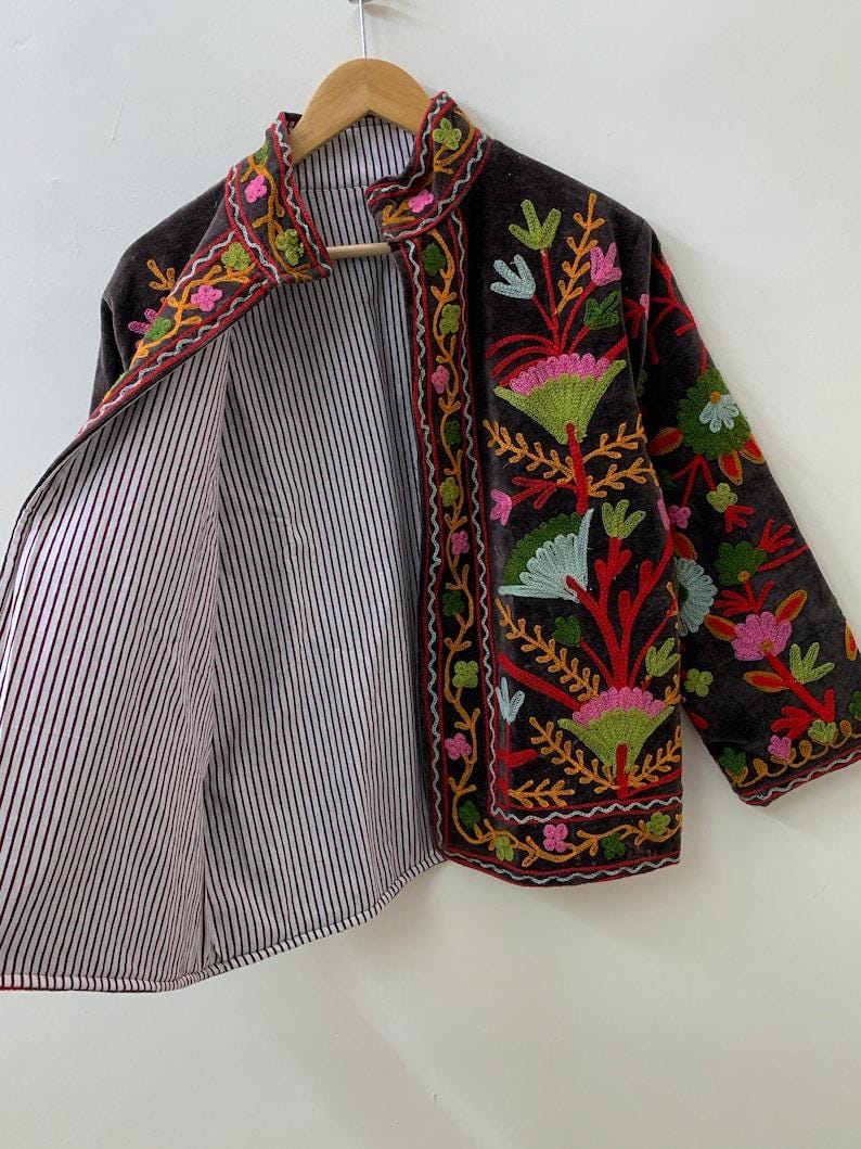Floral Suzani Hand Embroidered Velvet Jacket, Ethnic Winter Coat Bohozani