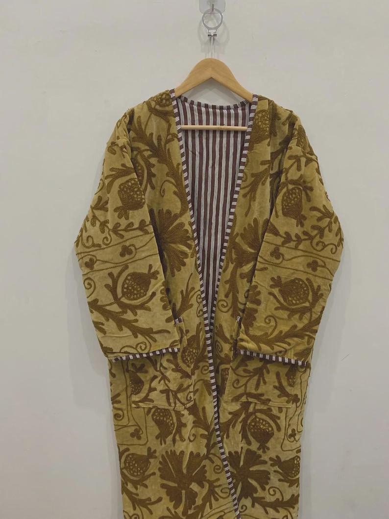 Green Floral Suzani Kimono Jacket | Embroidered Velvet Boho Robe Bohozani
