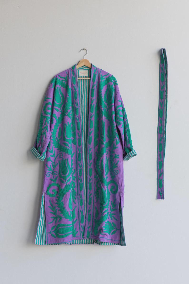 Hand-Embroidered Velvet Suzani Kimono Robe | Purple Floral Boho Duster Jacket Bohozani