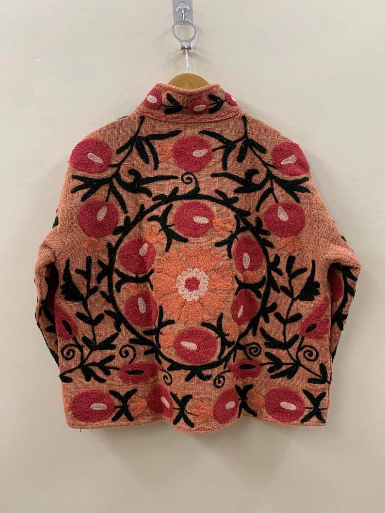 Embroidered Cotton Velvet Suzani Jacket, Floral Folk Art Boho Coat Bohozani