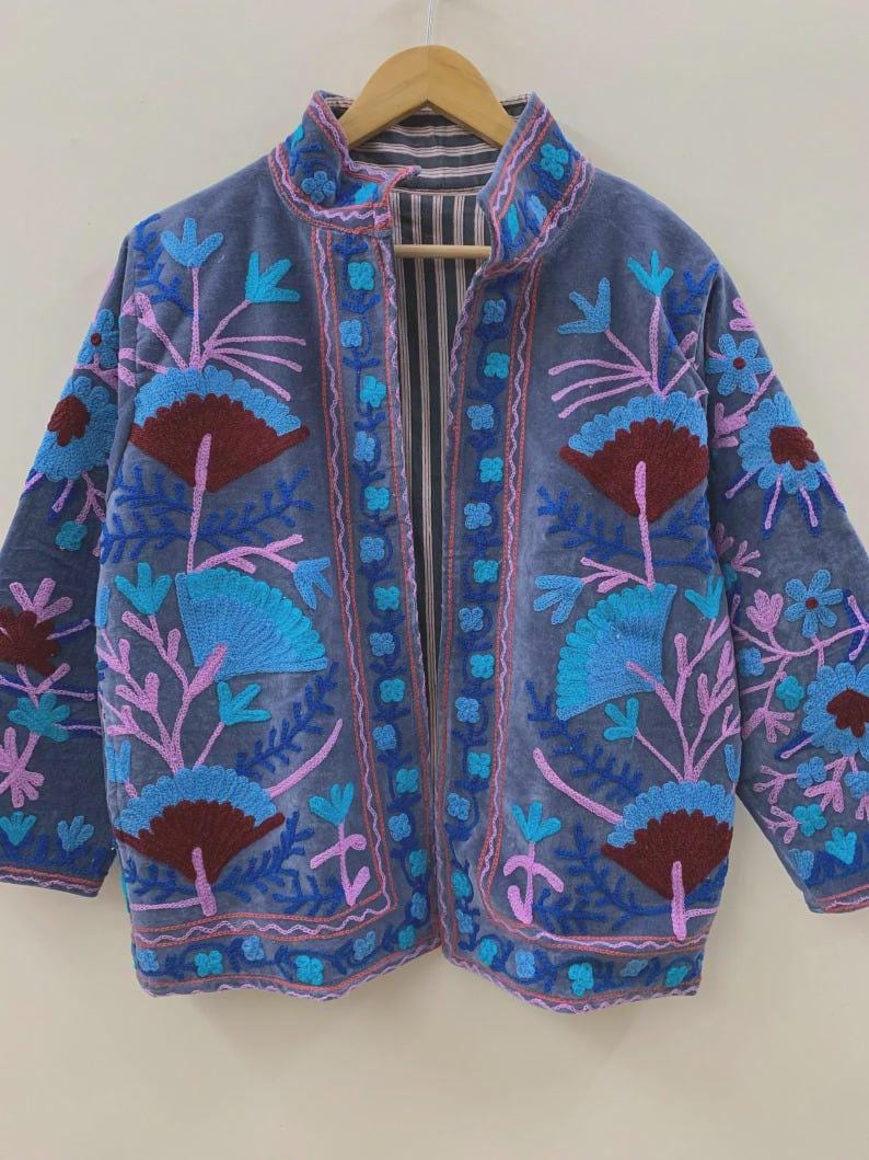 NEW COLLECTION Blue Hand-Embroidered Velvet Suzani Jacket – Boho Ethnic Kimono Outerwear Mother's Day Gift Bohozani
